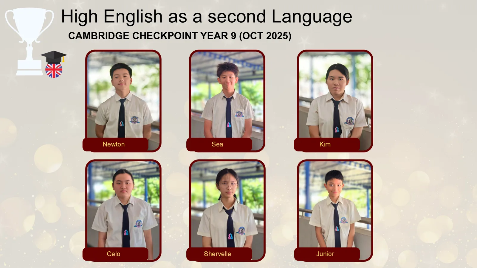 Cambridge Checkpoint Year 9 (Oct 2025), High English as a Second Language — Newton, Sea, Kim, Celo, Shervelle and Junior